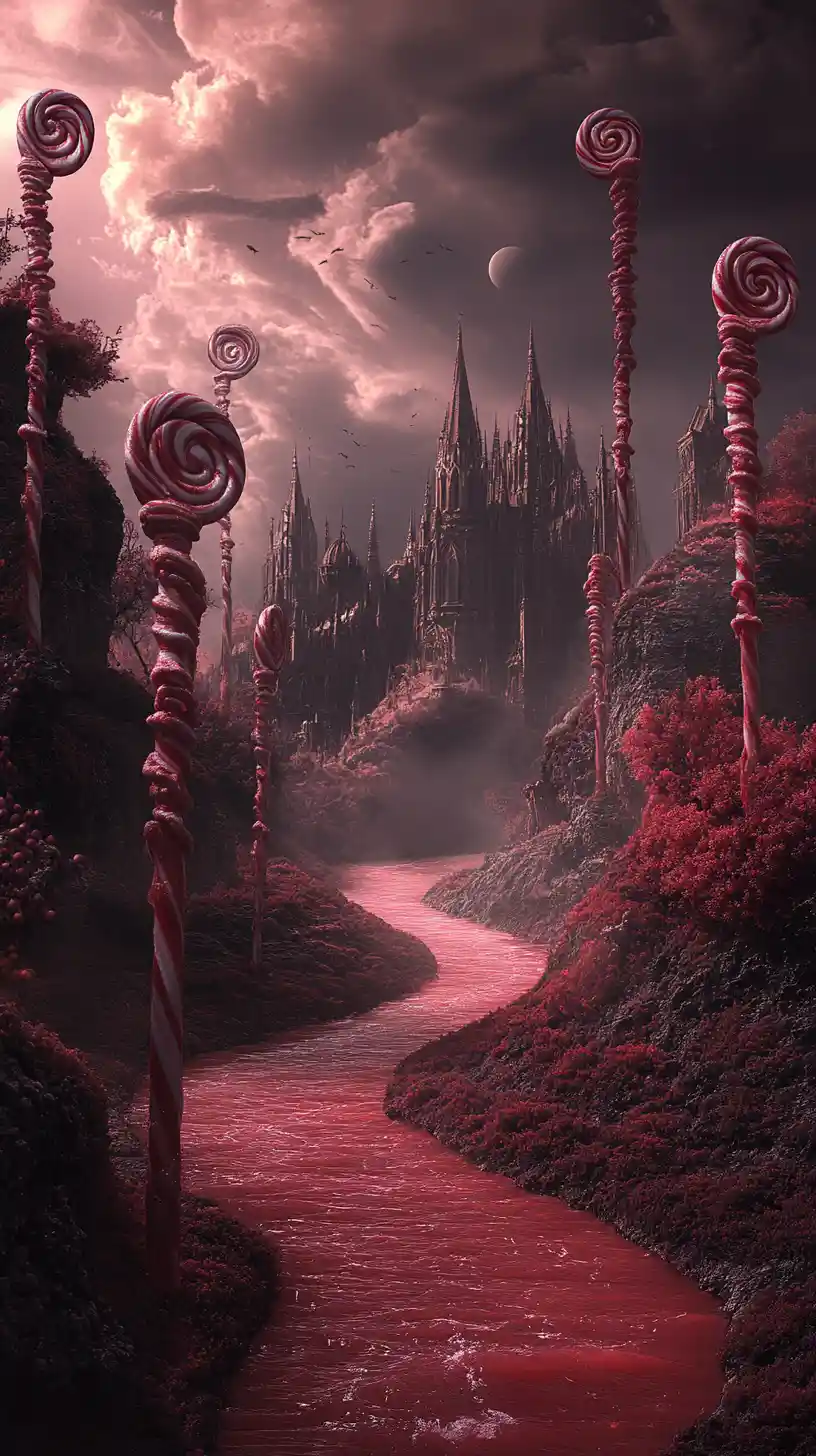 Gothic candy kingdom with dark desserts and syrup river
