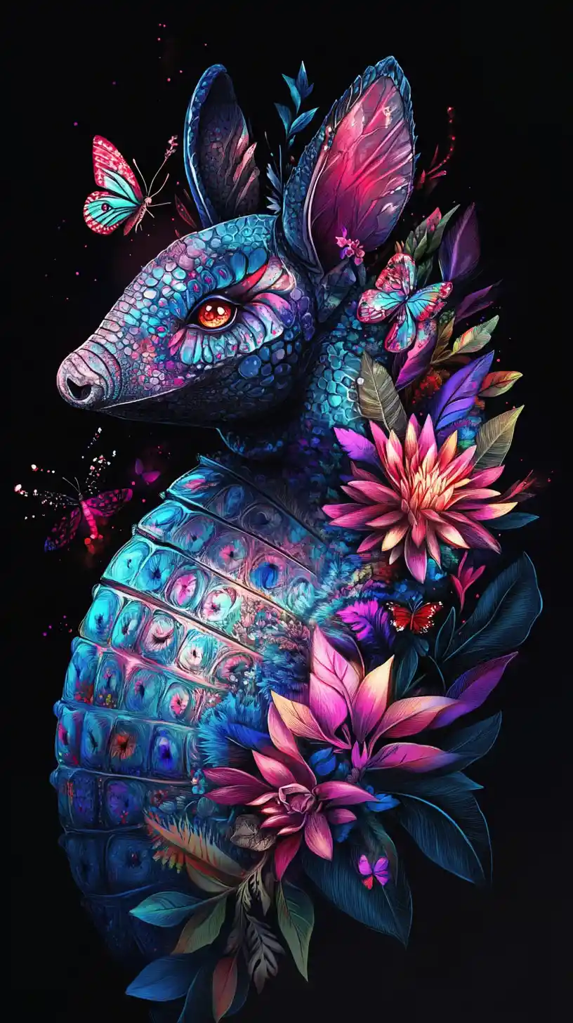 Colorful armadillo profile with butterflies on black background
