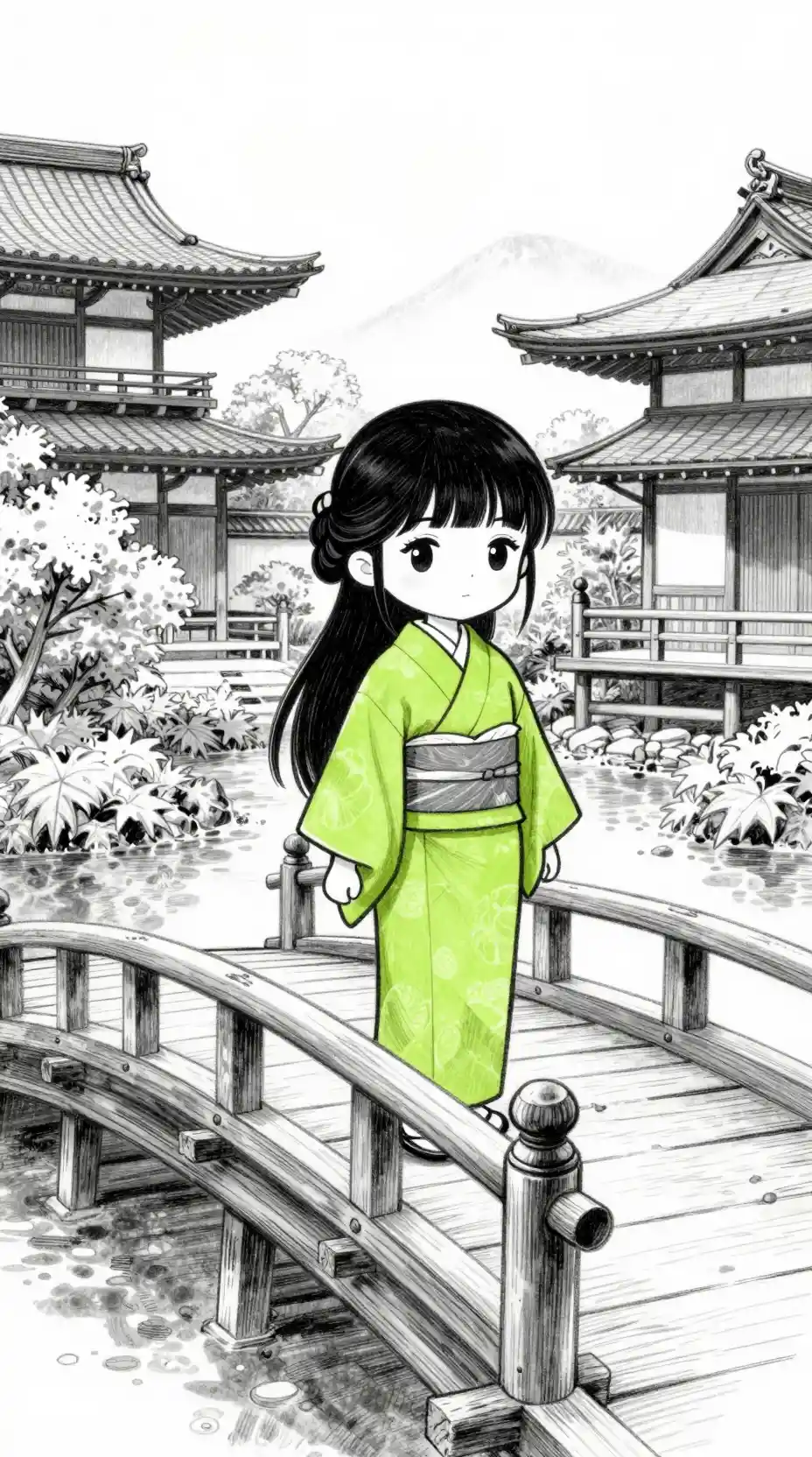 Fanciulla chibi su un ponte in un tranquillo giardino giapponese autunnale