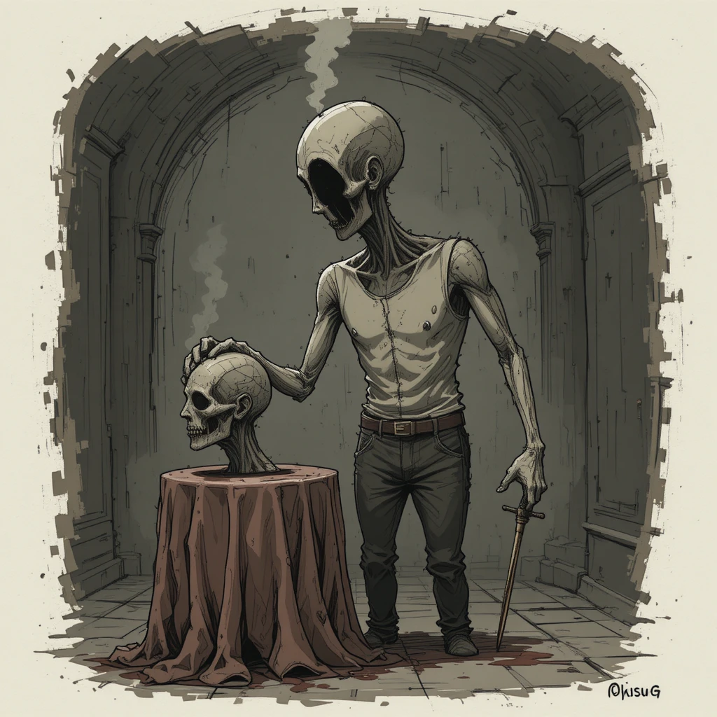 Headless humanoid holding a severed head in eerie cartoon art