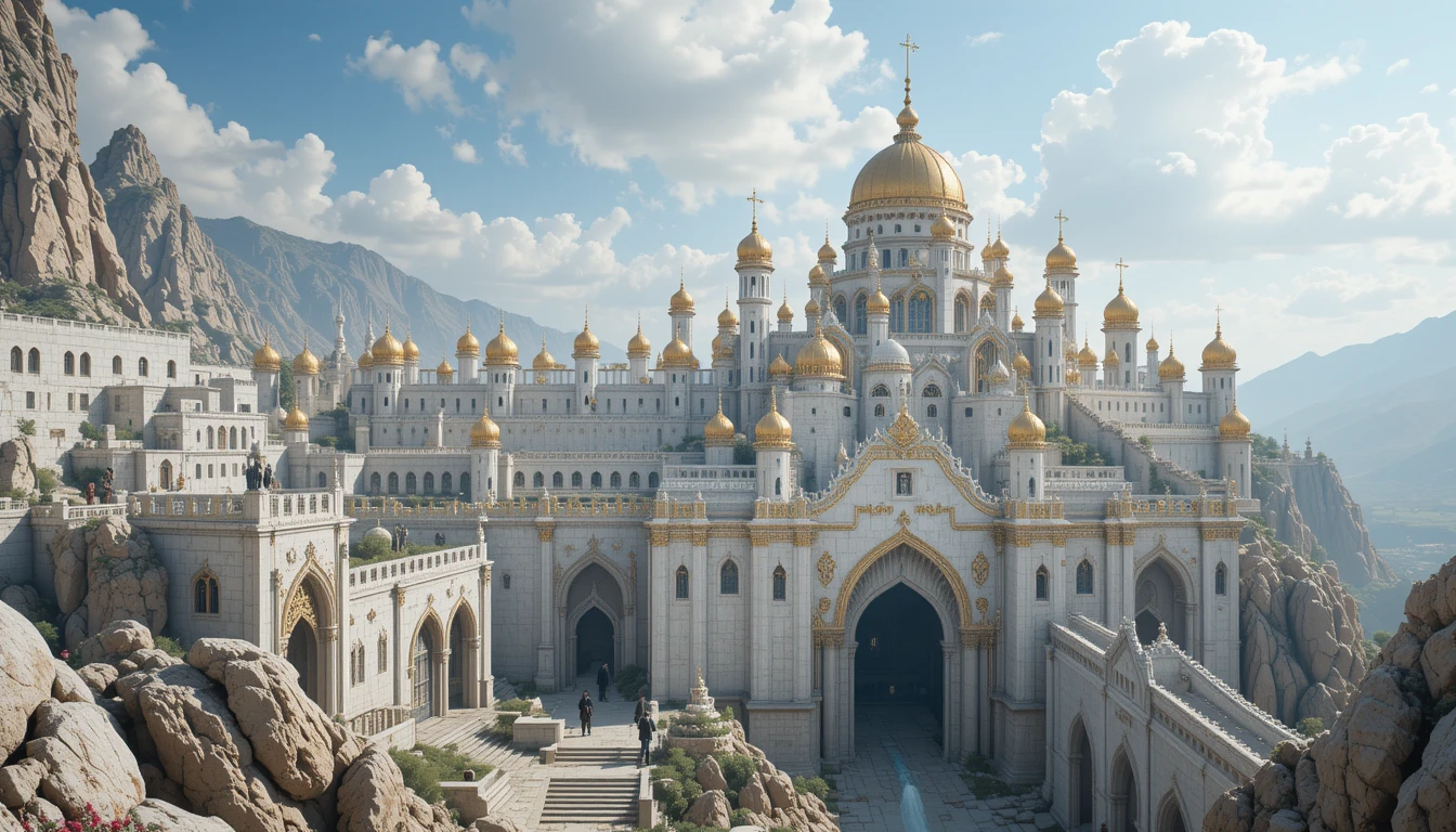 Massive white and obsidian fortified city with gold accents