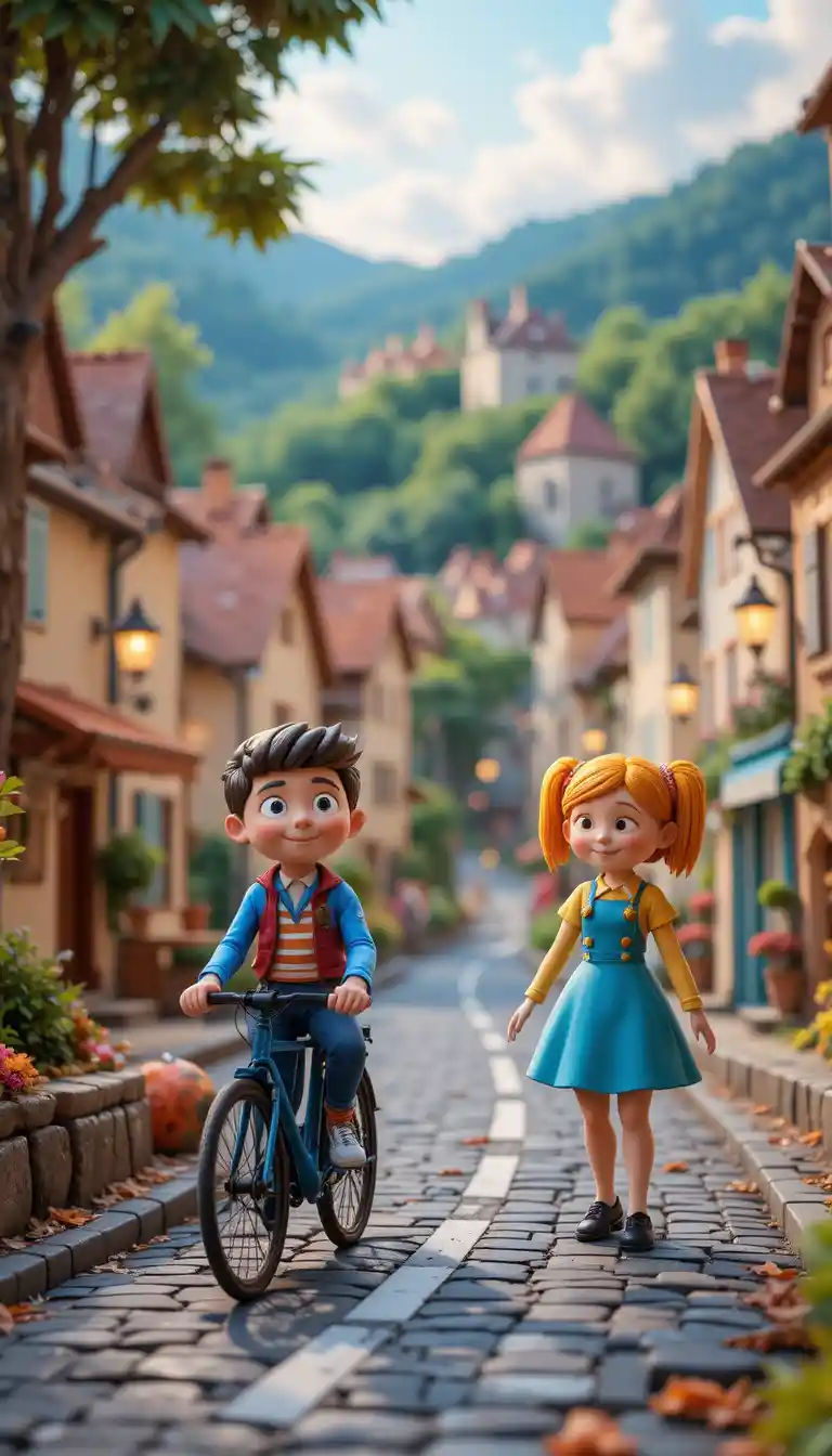 Playful clay cyclists racing through a French village street