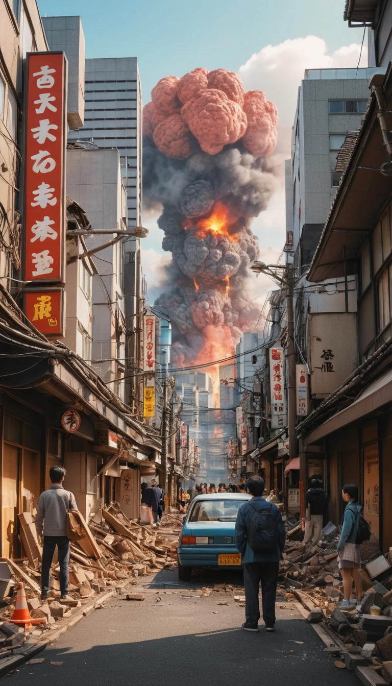 Close up of people watching giant monsters in Tokyo