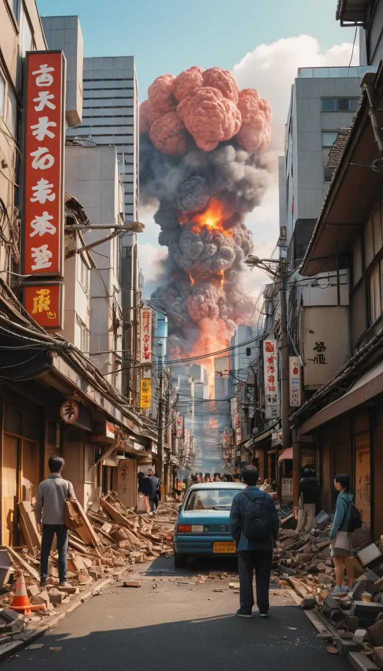 Close up of people watching giant monsters in Tokyo