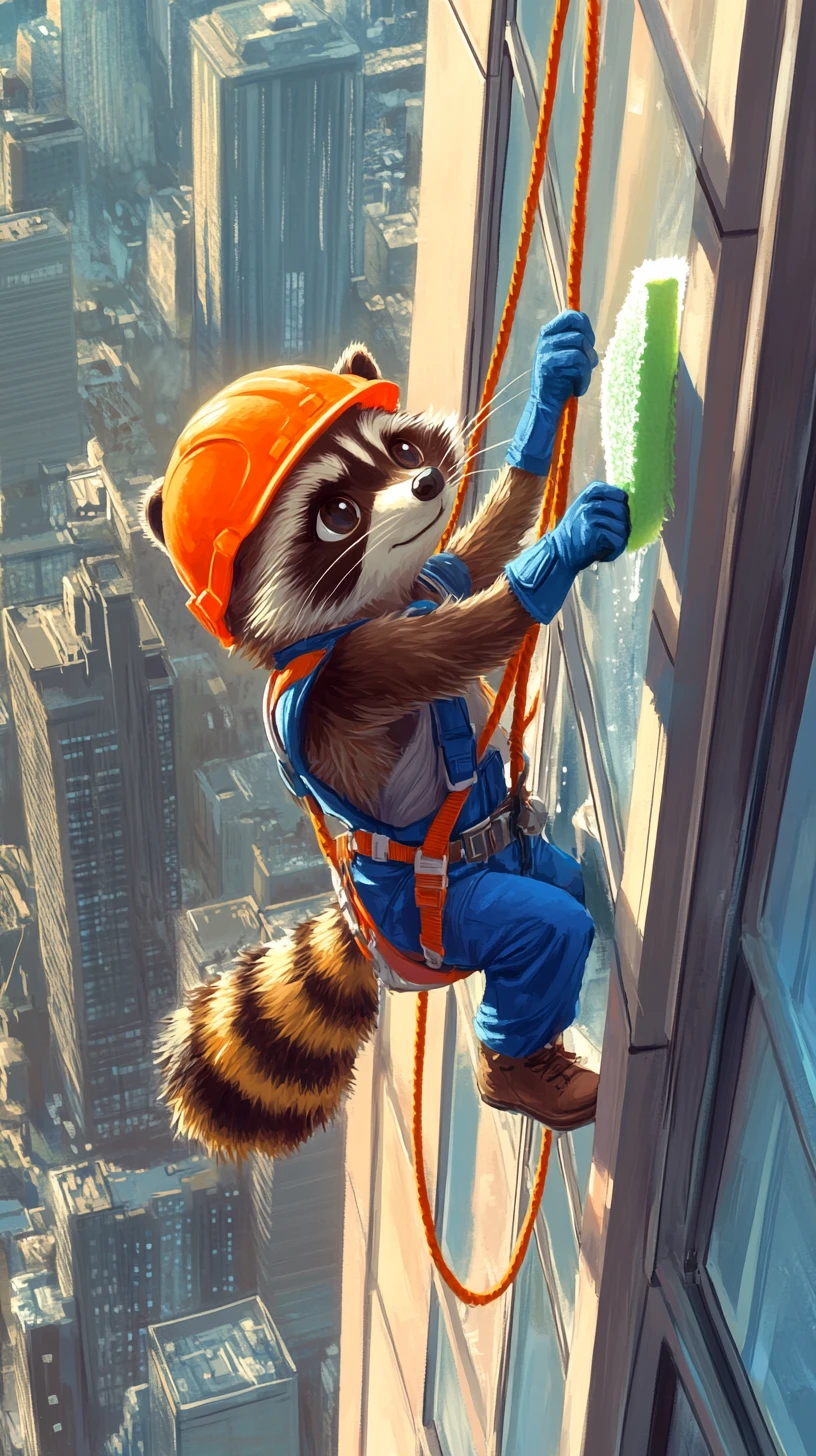 Cute raccoon window cleaner on a skyscraper city view