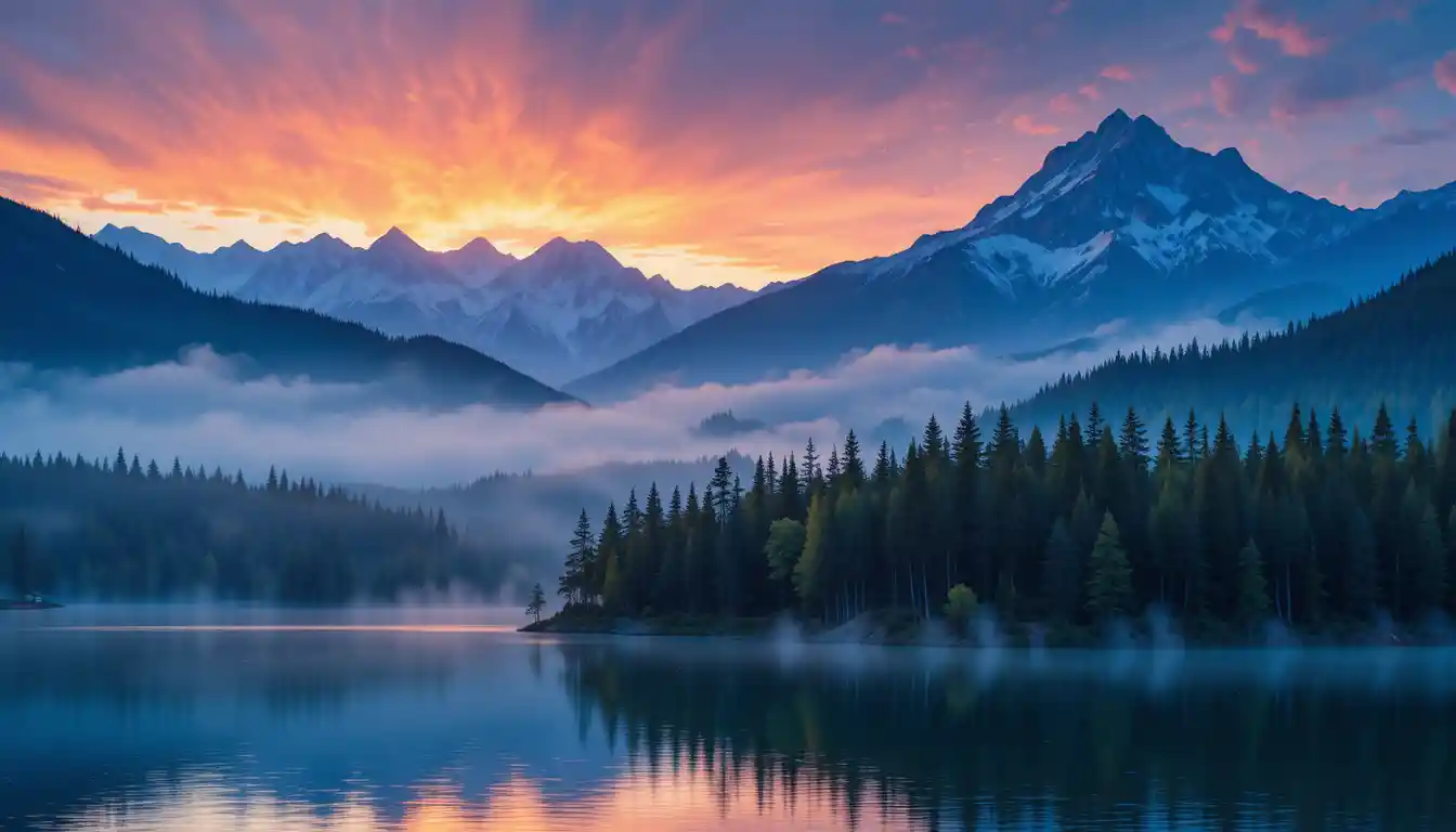 Sunrise mountain lake with misty forest reflections