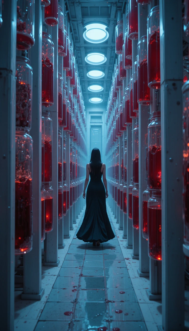 Vampire woman in a clinical corridor of suspended crimson vessels