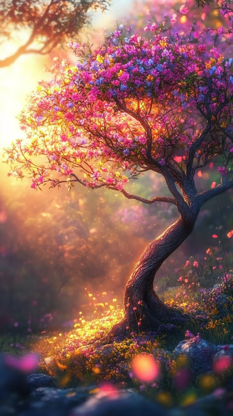 Withered tree bursting into colorful bloom in soft sunlight