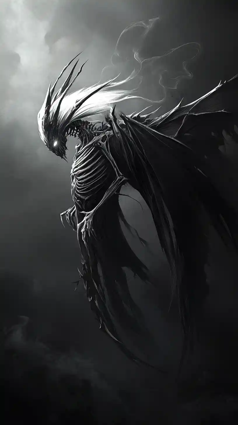 Dark fantasy fairy in smoke with skeletal wings