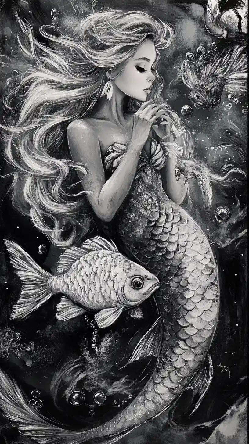 Charcoal portrait of a friendly mermaid with glowing accents
