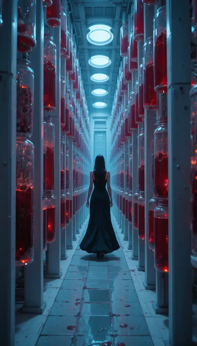 Vampire woman in a clinical corridor of suspended crimson vessels