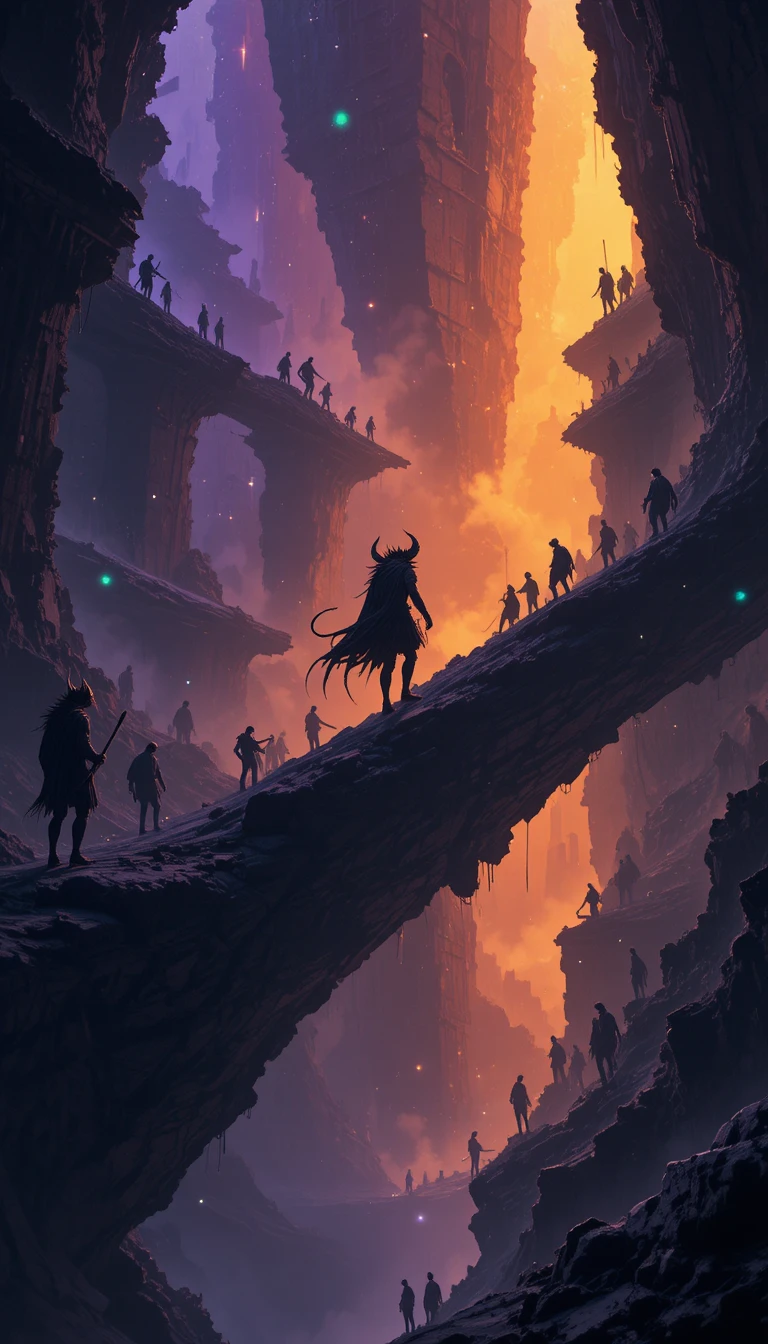 Horned demon crossing layered dimensional planes with shadows