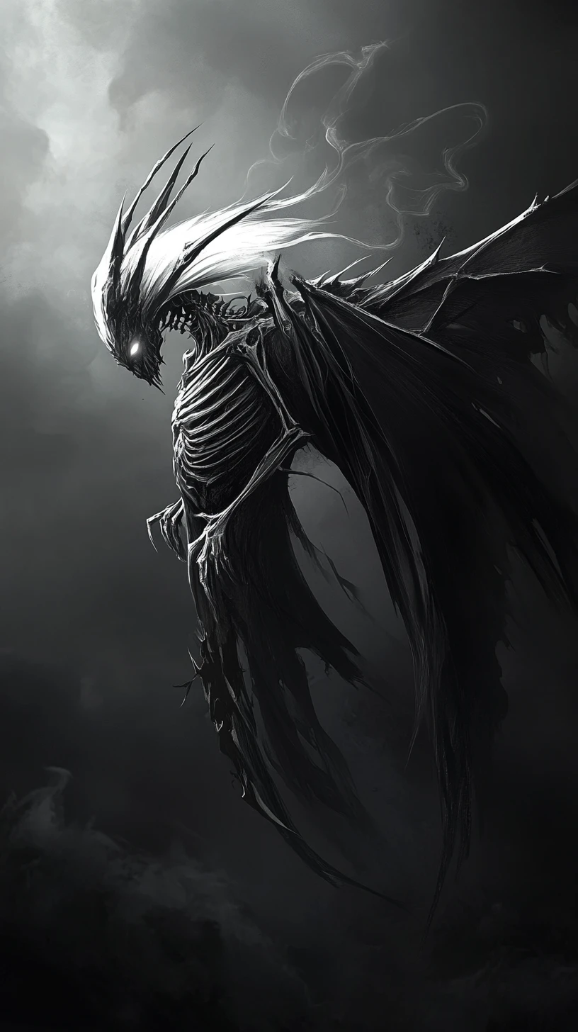 Dark fantasy fairy in smoke with skeletal wings