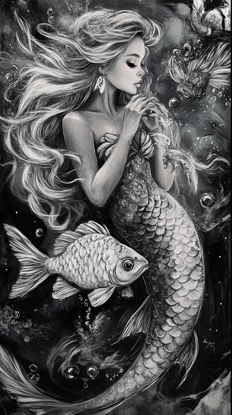 Charcoal portrait of a friendly mermaid with glowing accents