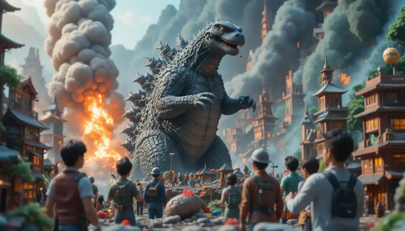Pixar style Godzilla rampaging through a clay Tokyo city