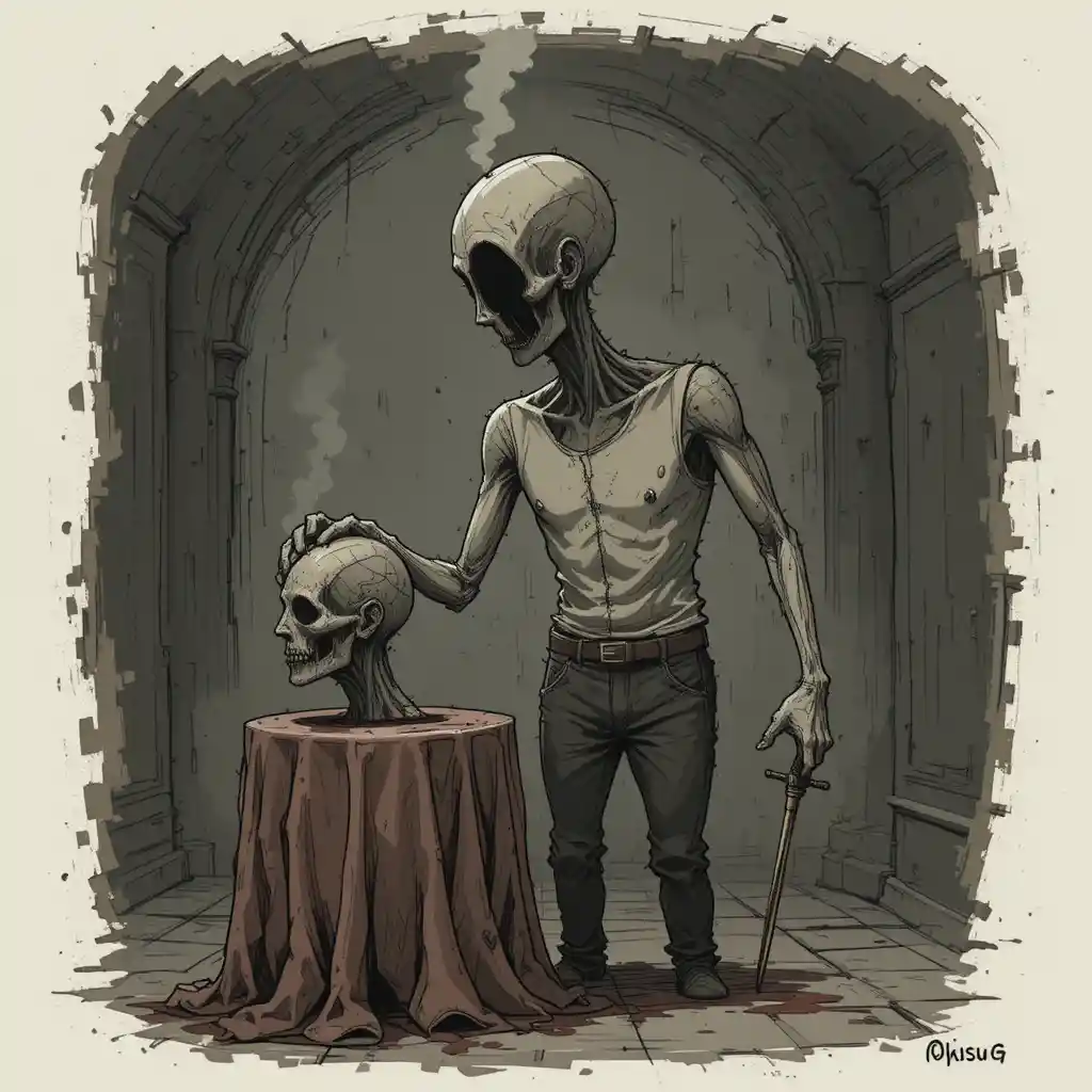 Headless humanoid holding a severed head in eerie cartoon art