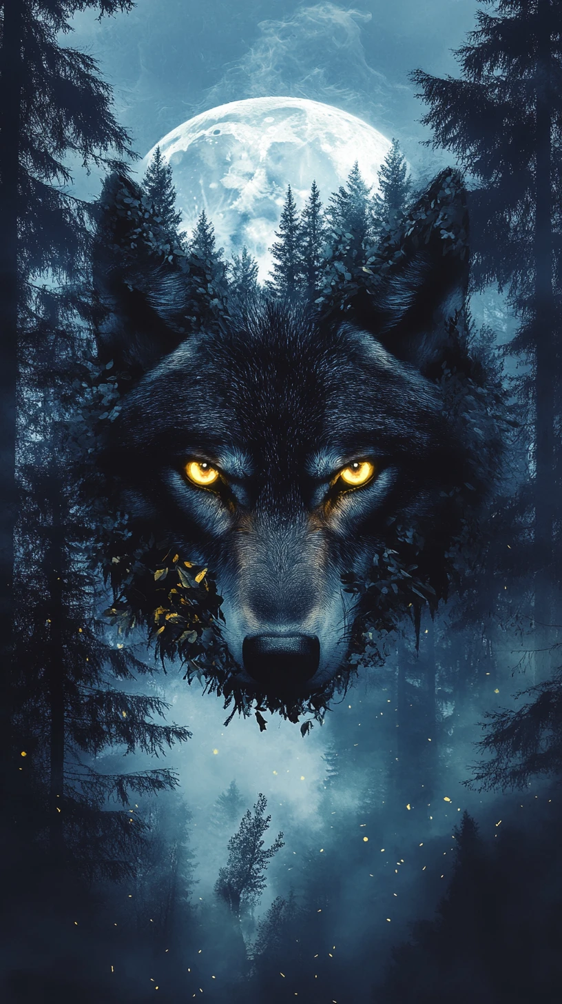 Surreal wolf face emerging from a moonlit forest