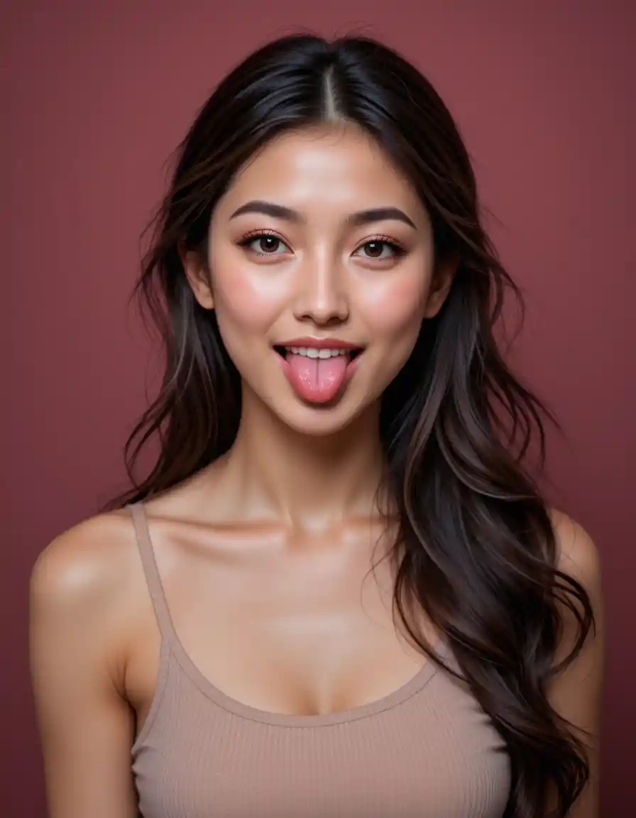 Playful portrait of a young mixed Asian woman smiling