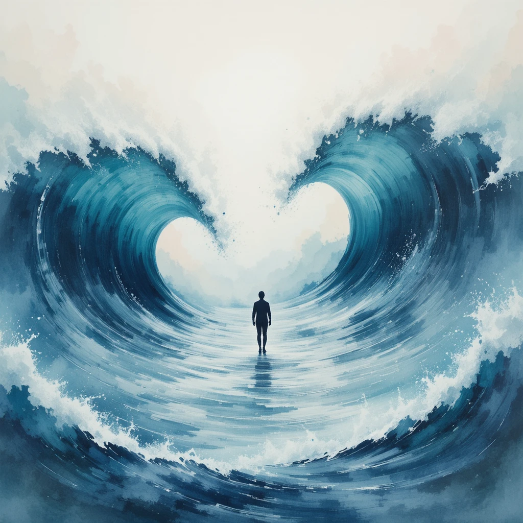 Calm figure standing amid swirling ocean waves in watercolor