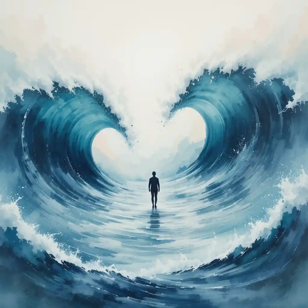 Calm figure standing amid swirling ocean waves in watercolor