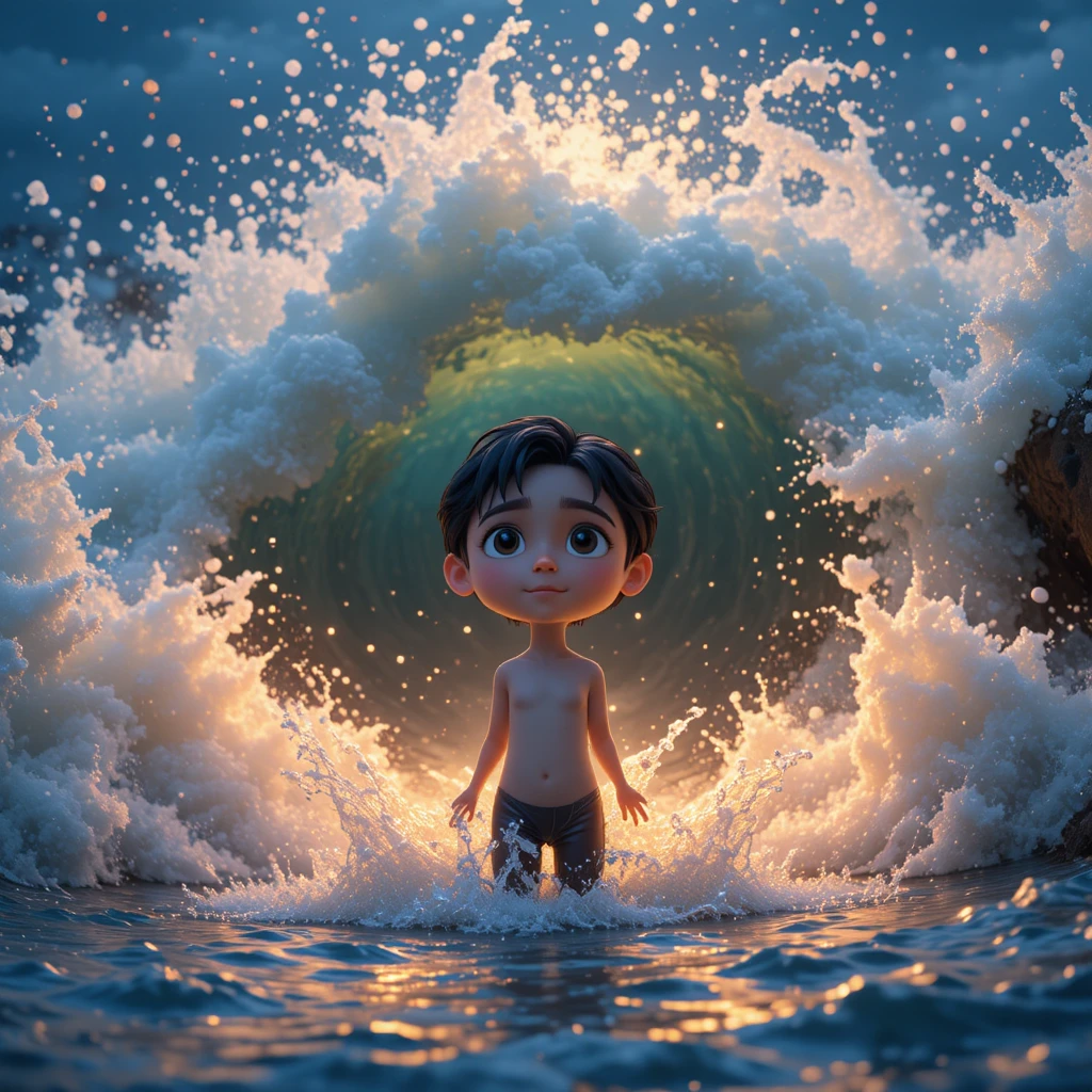 Calm character standing amid crashing ocean waves