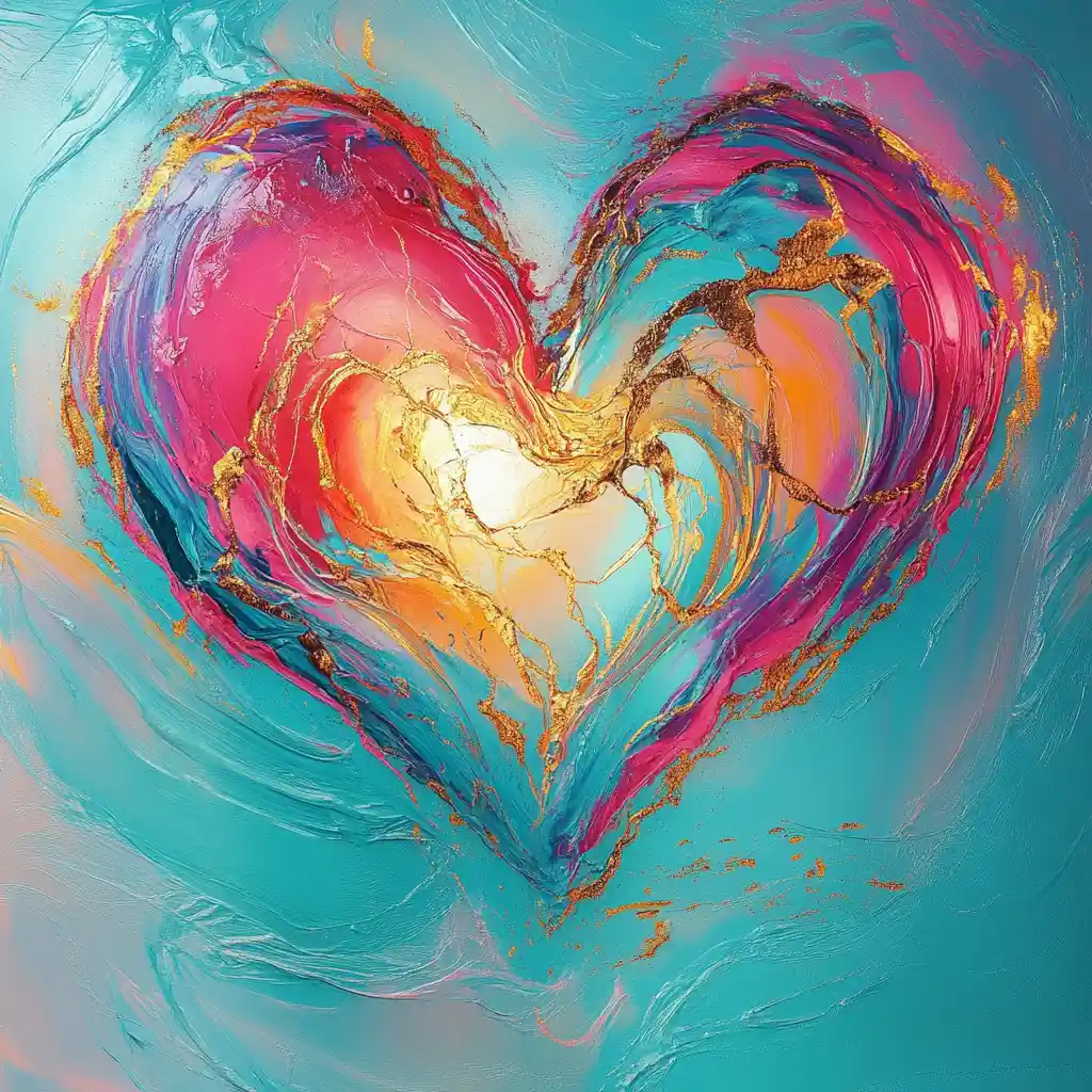 Abstract glowing heart of flowing color and golden cracks