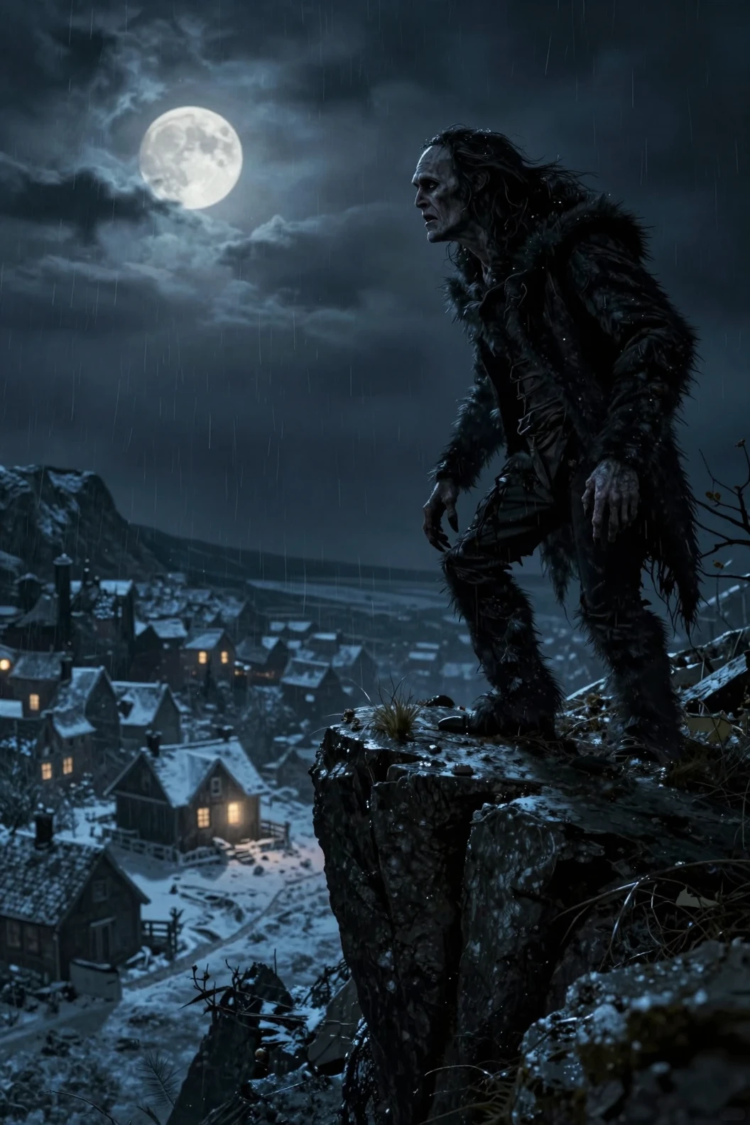 Lonely monster on a stormy cliff under moonlit sky