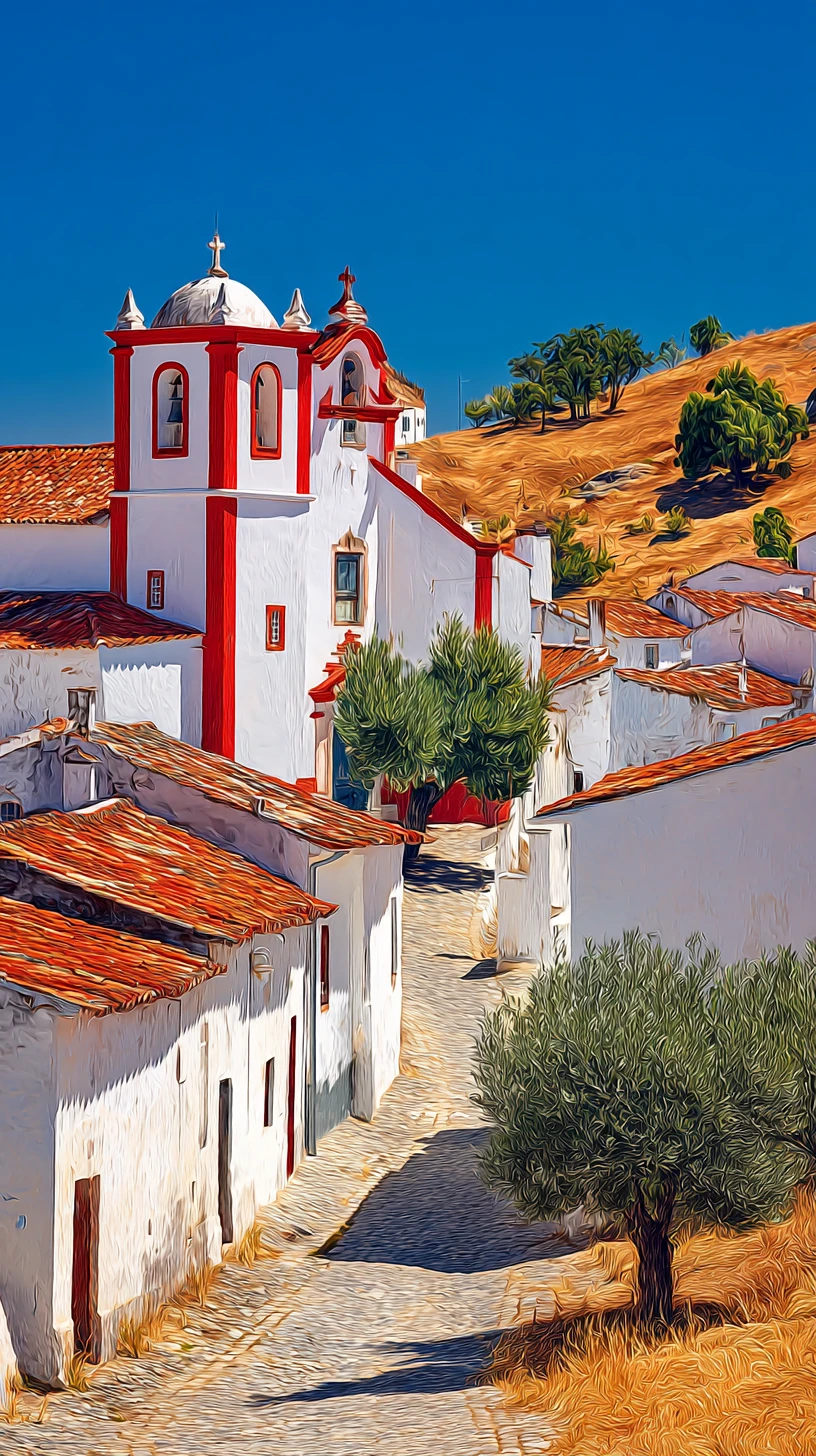 Sunlit Portuguese village street with church and rolling hills