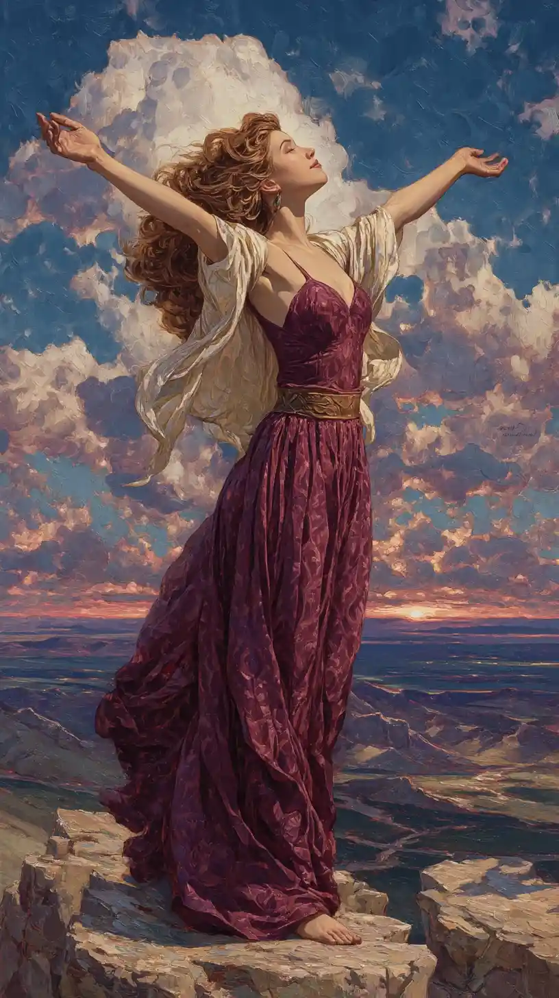Joyful maiden on a windy cliff in a fantasy valley