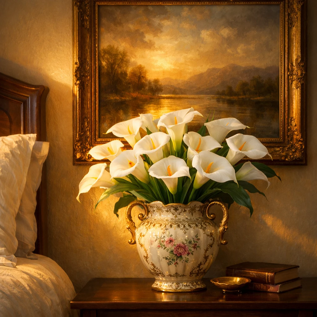 White calla lilies on a bedside table under landscape art