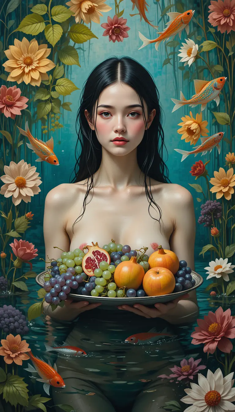 Impressionist woman in flowers and water holding fruit tray