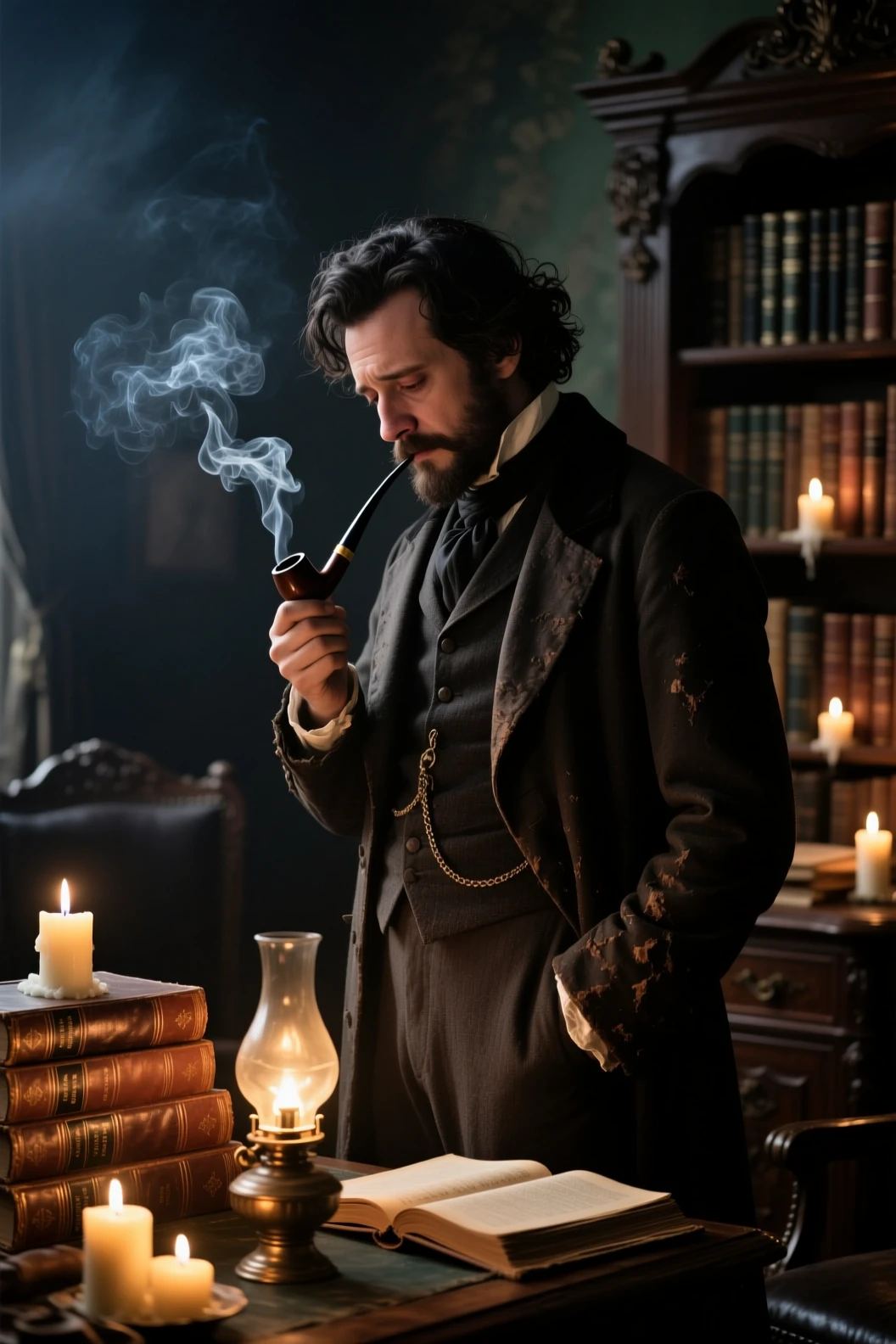 Melancholic poet in a dim candlelit nineteenth century study