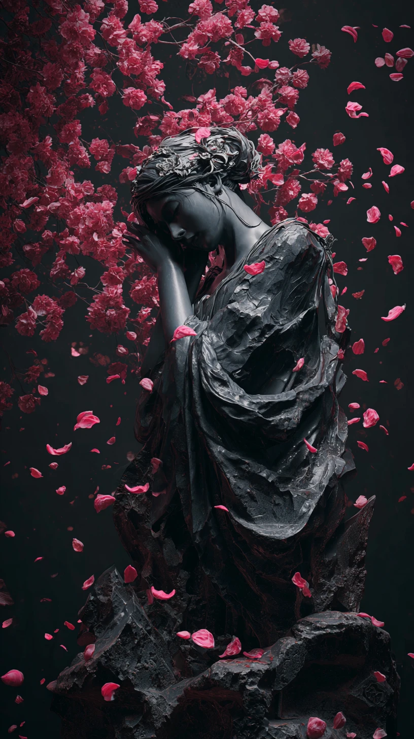 Weeping woman sculpture against black wall with falling blossoms