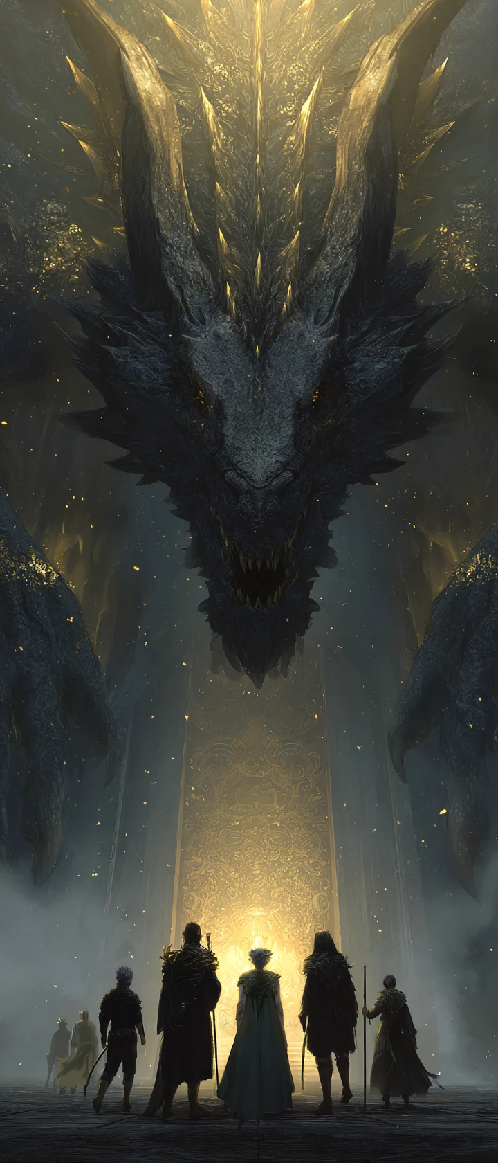 Majestic Black And Gold Dragon Over Adventurers In Throne Room