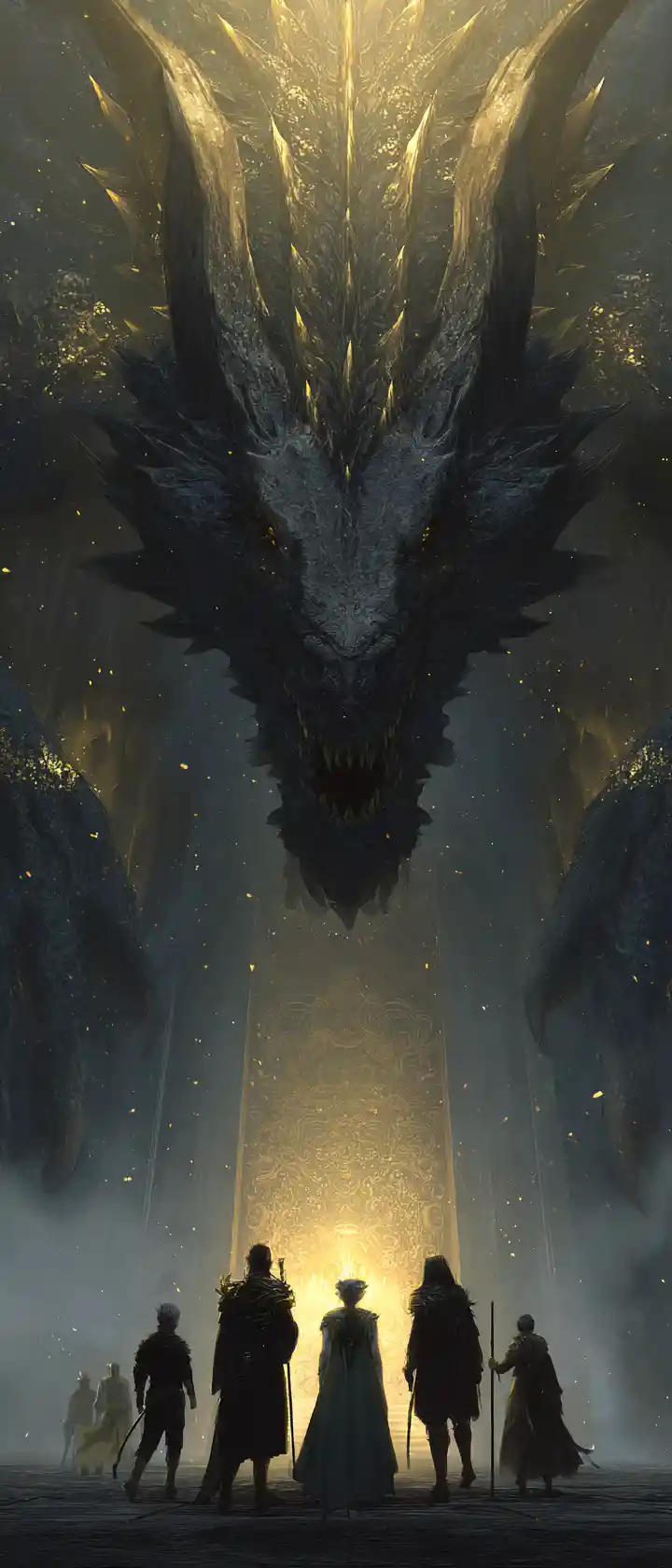 Majestic Black And Gold Dragon Over Adventurers In Throne Room