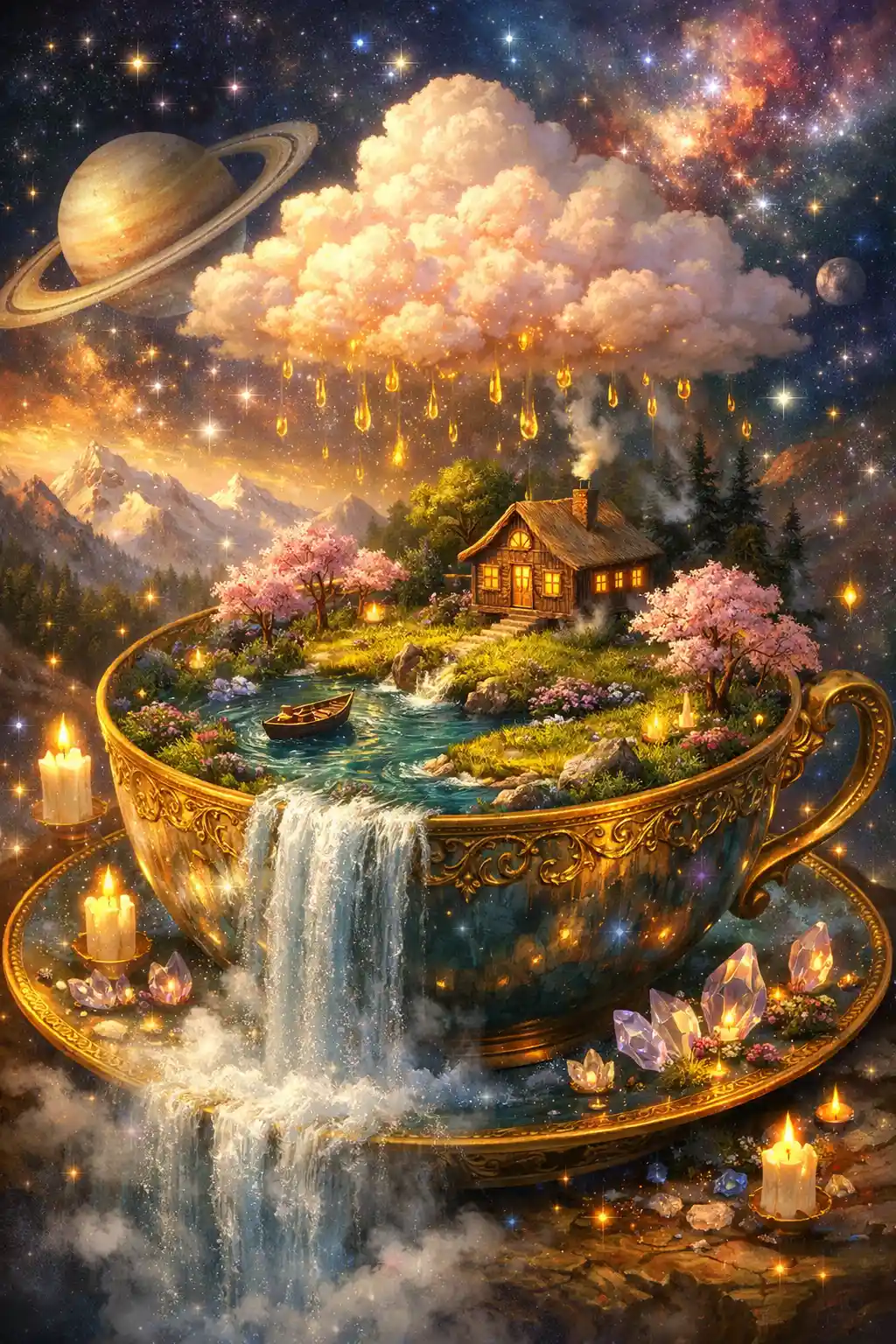 Surreale Flusslandschaft in einer goldenen Teetasse