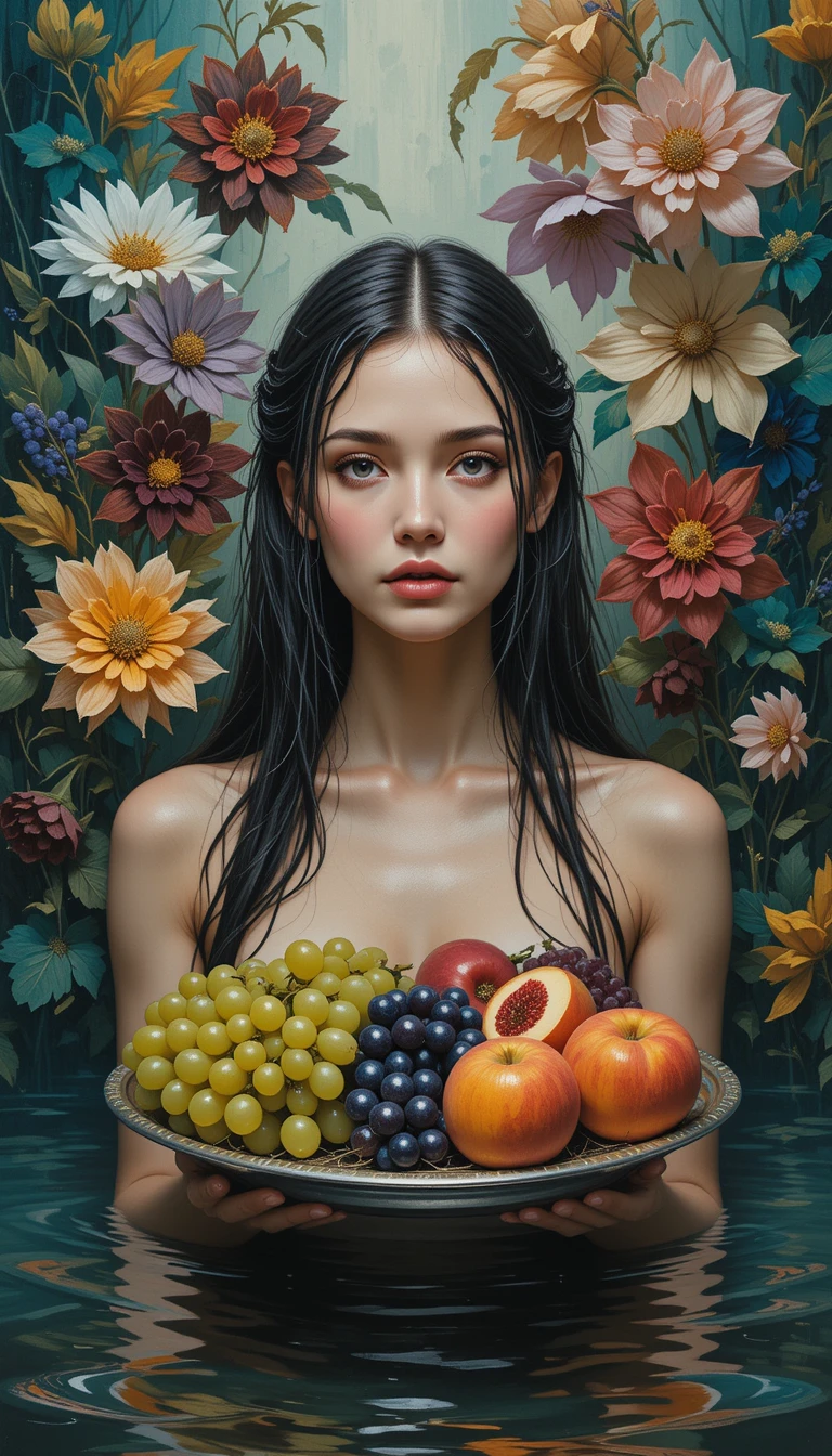Impressionist woman emerging among vibrant patterned flowers