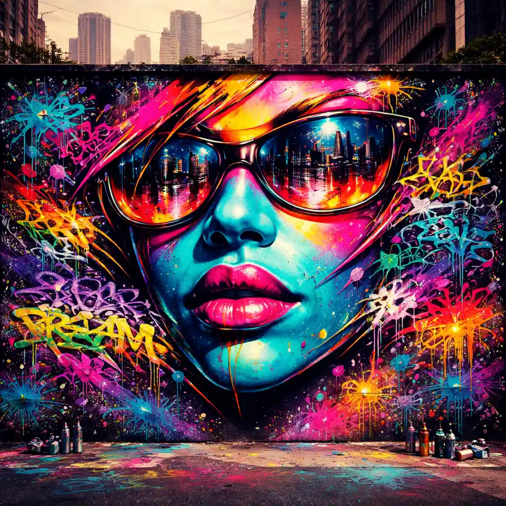Colorful graffiti face mural in a gritty urban street scene