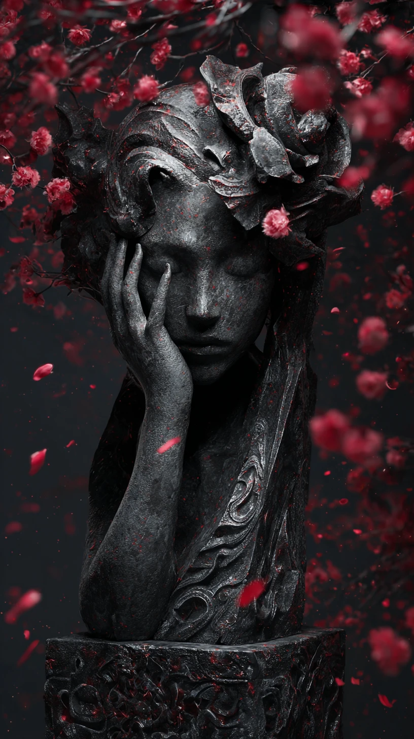 Weeping stone woman sculpture against falling cherry blossoms