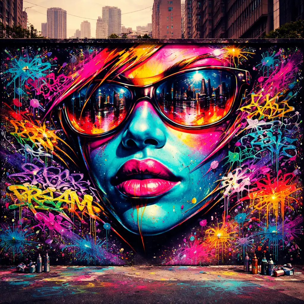 Colorful graffiti face mural in a gritty urban street scene