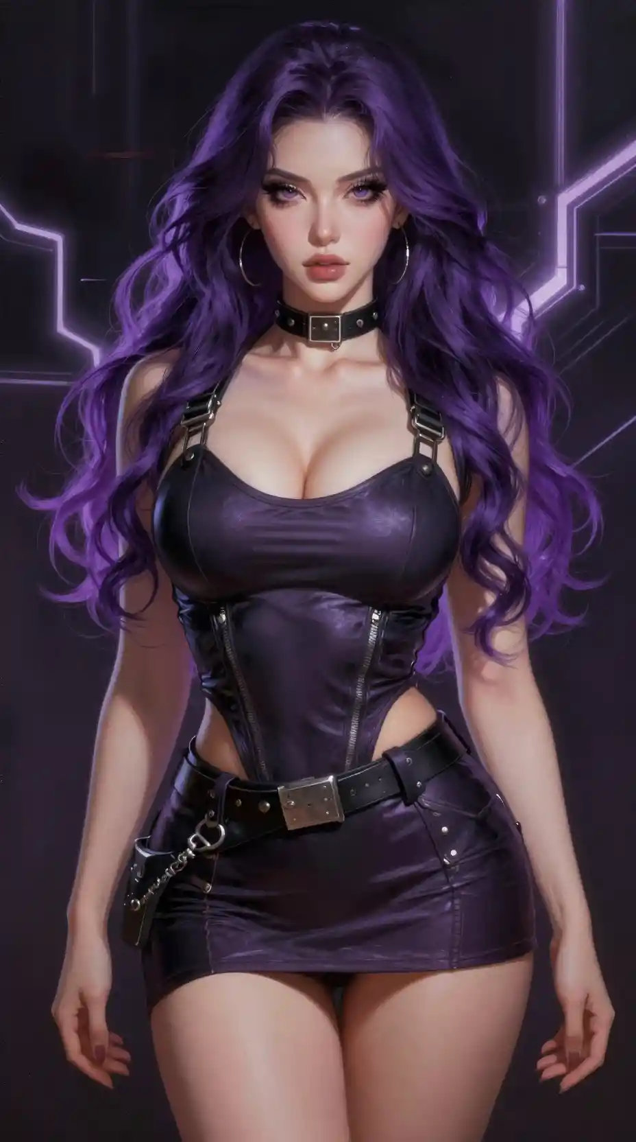 Glamorous busty woman with purple hair in electro punk outfit