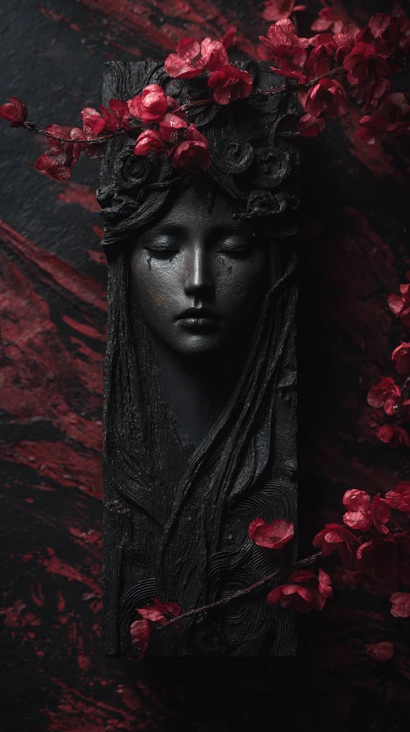 Sorrowful woman sculpture on black wall with crimson blossoms