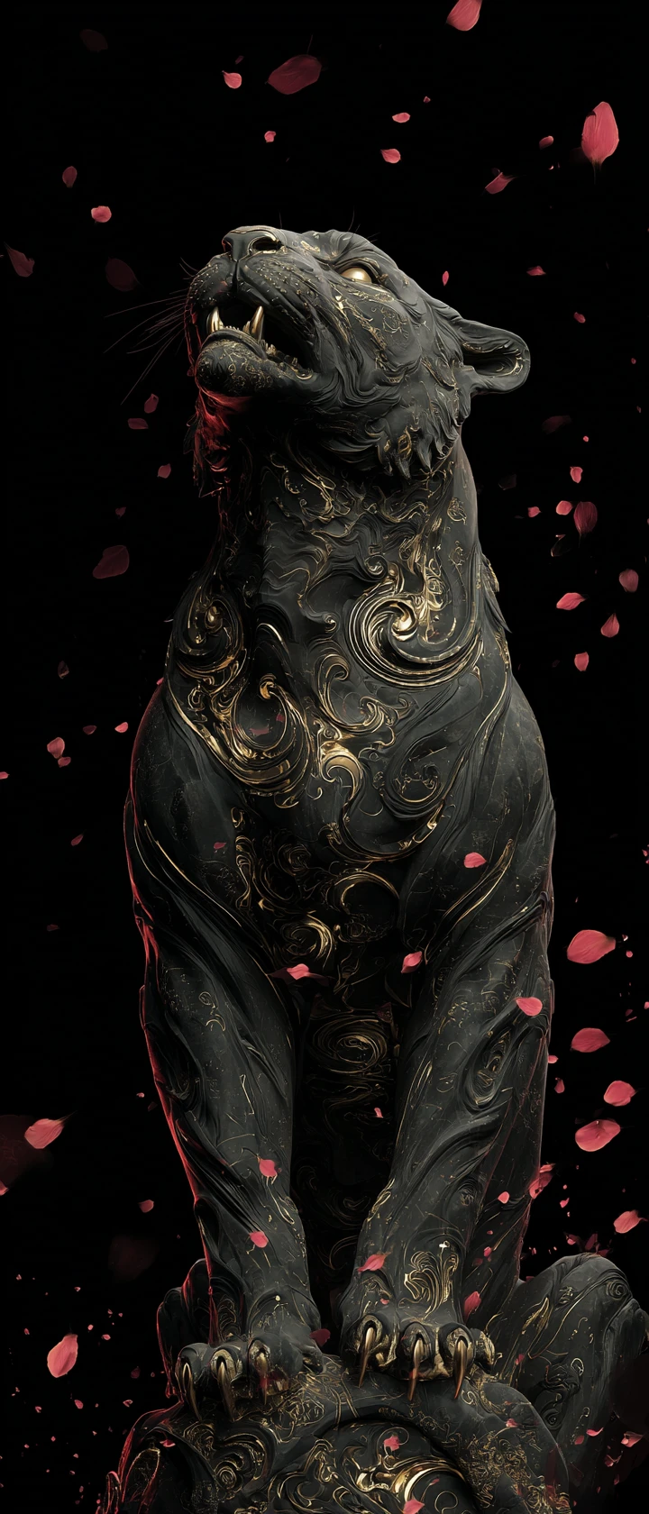 Sculpture de tigre adamantin noir aux motifs dorés