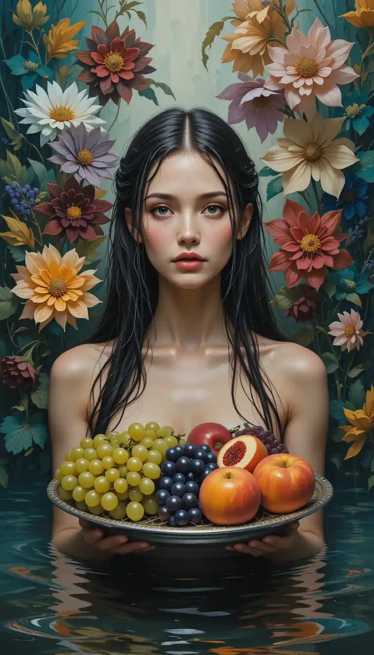 Impressionist woman emerging among vibrant patterned flowers