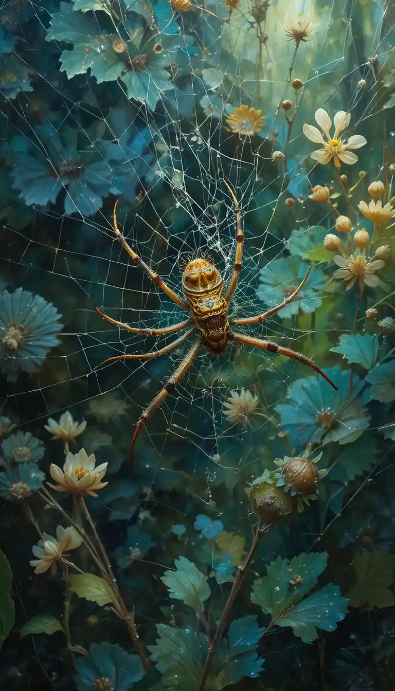 Tiny insect trapped in a web amid impressionist vegetation
