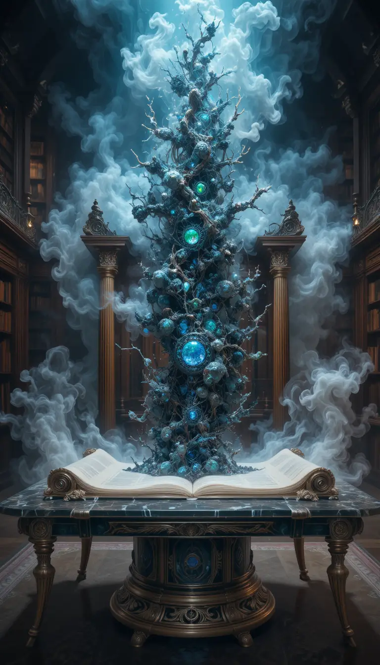 Pergamino gigantesco se convierte en humo etéreo sobre mesa de cristal en la biblioteca