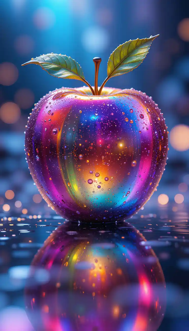 Glowing Iridescent Glass Apple On Reflective Surface