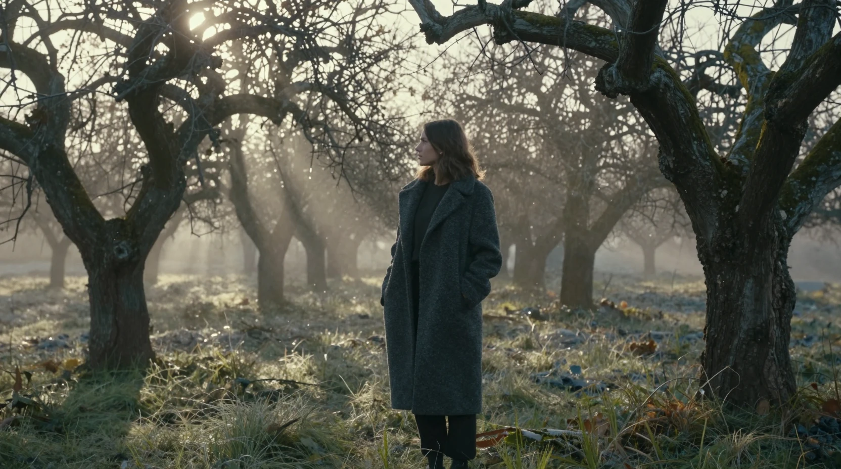 Young woman in coat at dawn in an ancient orchard