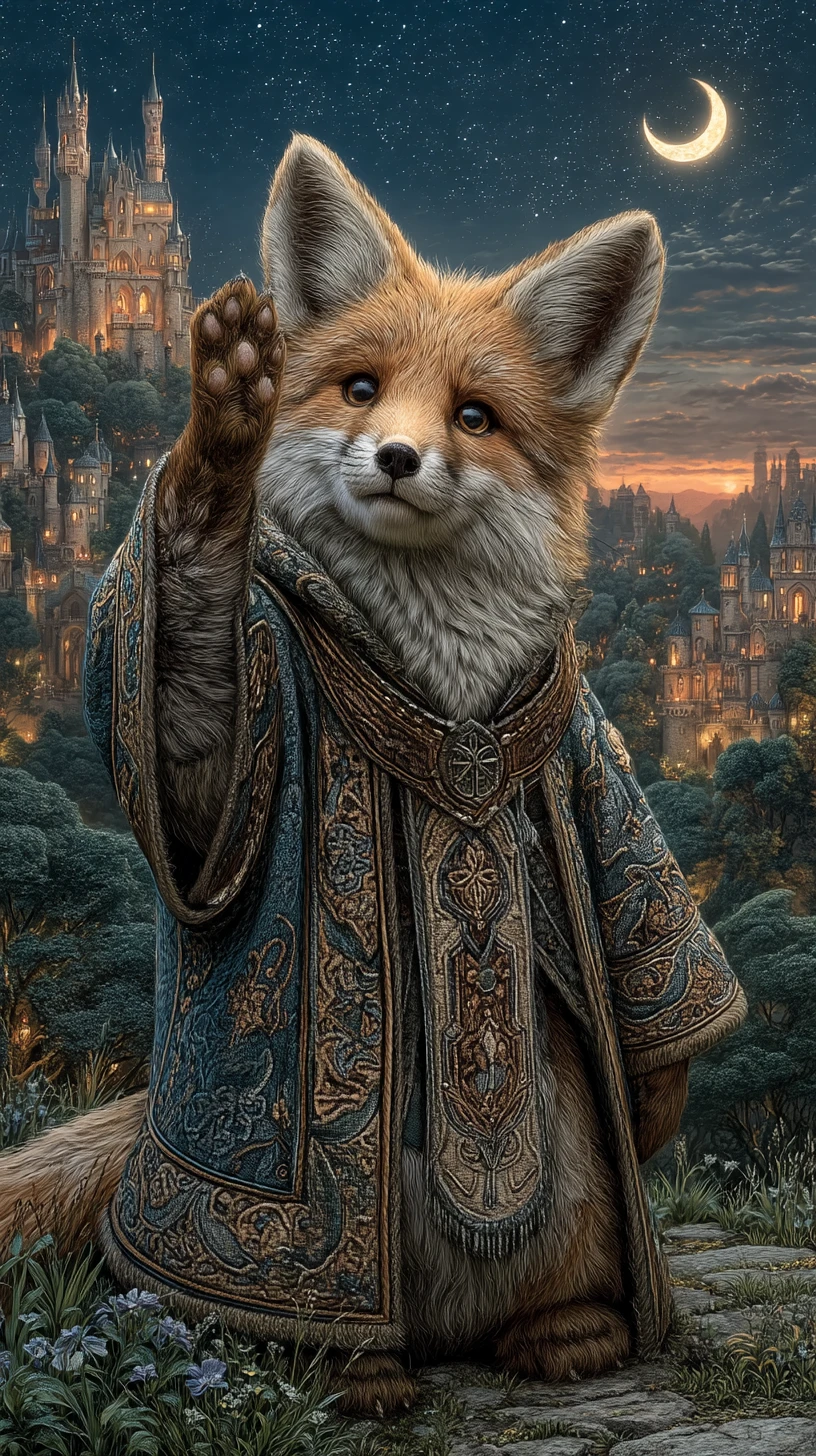 Anthropomorphic fox maiden waving farewell in ornate robe