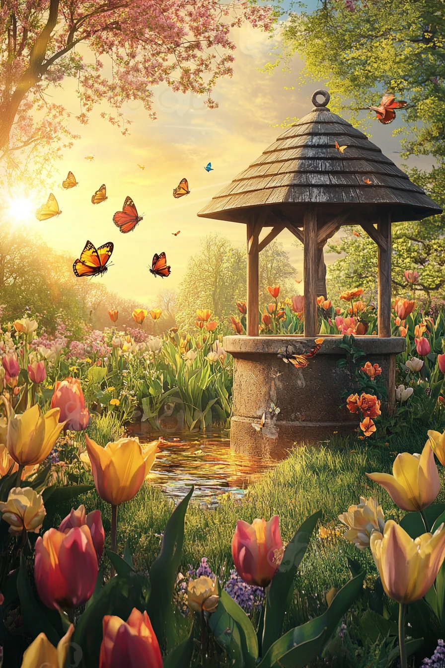 Wishing well in a colorful tulip field under warm spring sun
